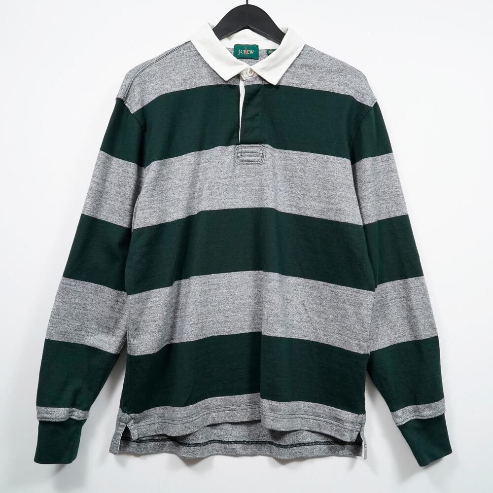 J.Crew Striped Rugby Shirt Green Gray Elbow Patch 100% Cotton Size M